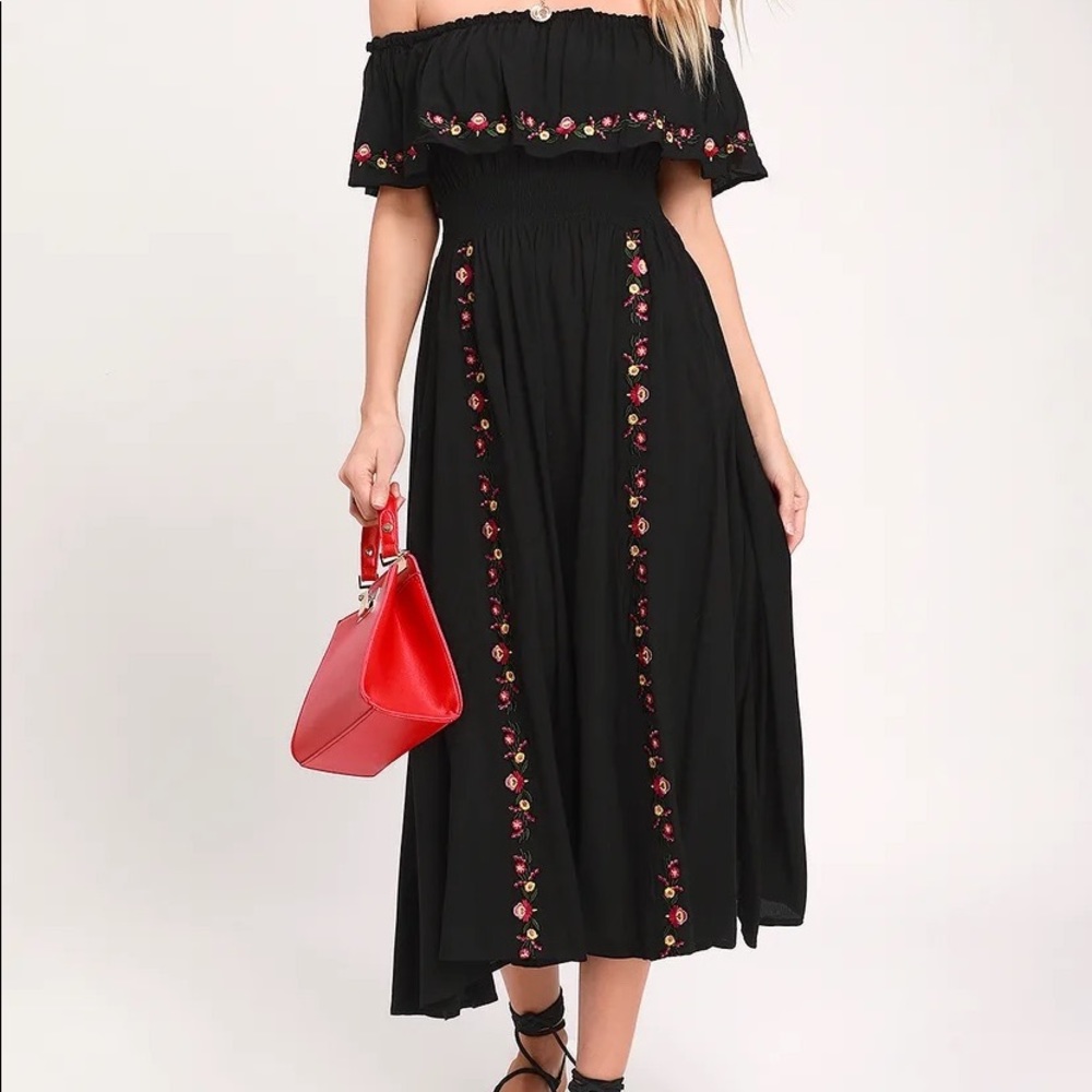 Lulu’s Wynnet Black Embroidered Off-the-Shoulder Midi Dress
